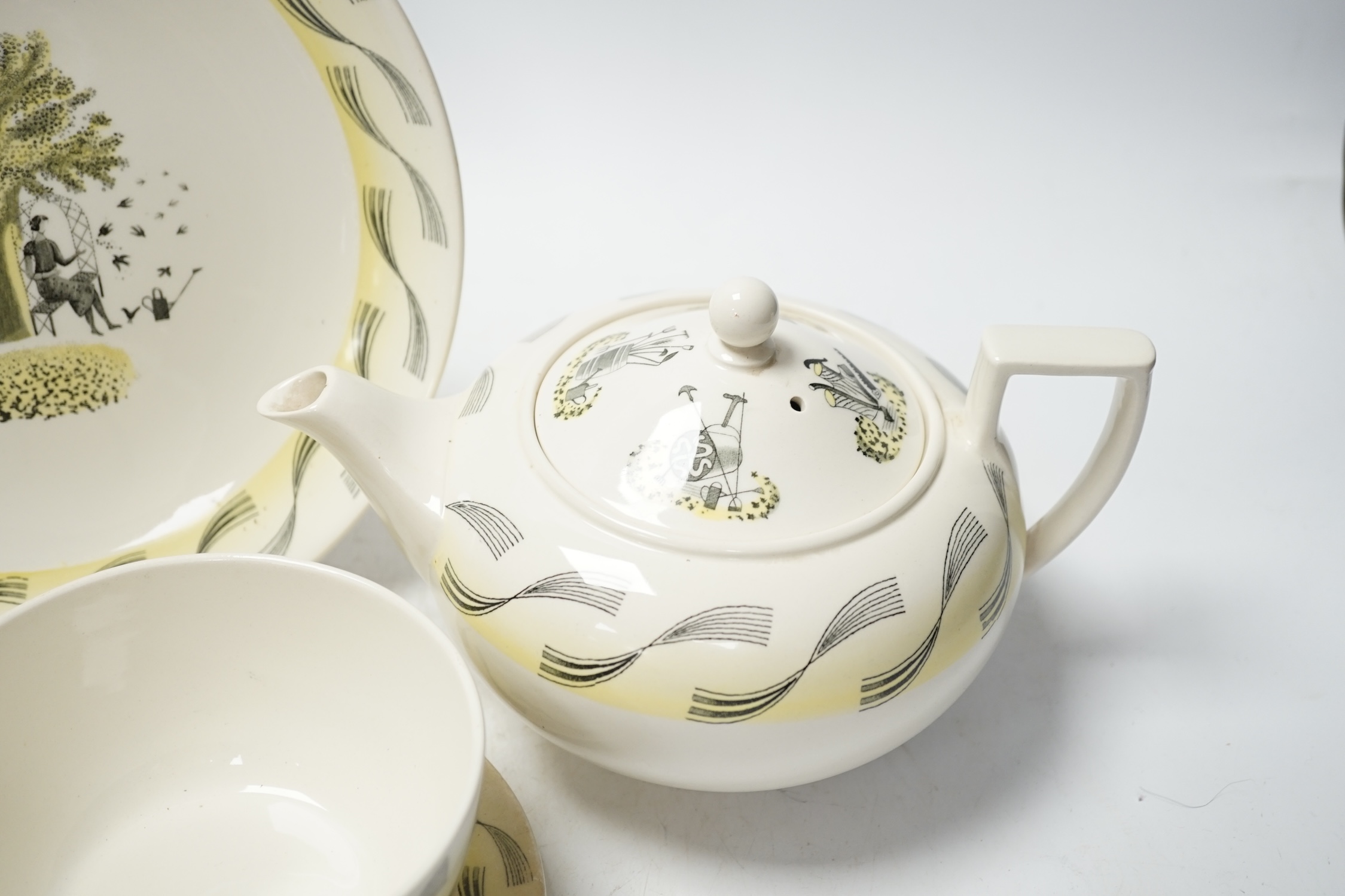 Eric Ravilious for Wedgwood, a Garden pattern teaset together with two Enoch Wedgewood cups and a dish. Condition - fair to good